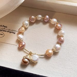 Cat charm pearl bracelet - irregular freshwater pearls with feline charm