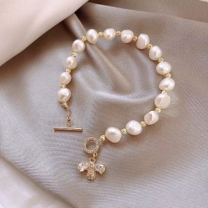 Bee charm pearl bracelet - zircon bee with baroque pearls