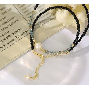 Black spinel necklace with pearl drop - teardrop design on gold chain