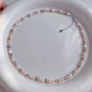 Colorful baroque pearl necklace on silver chain - natural freshwater pearls